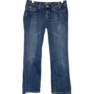 Miss Me Bootcut Jeans Mid-Rise Dark Wash Distressed Detail Pockets JP44088 28x27